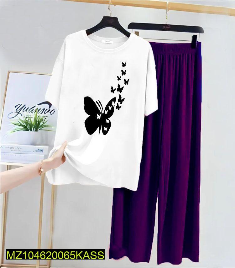 White Butterfly Print Night Suit for Women Medium to XL