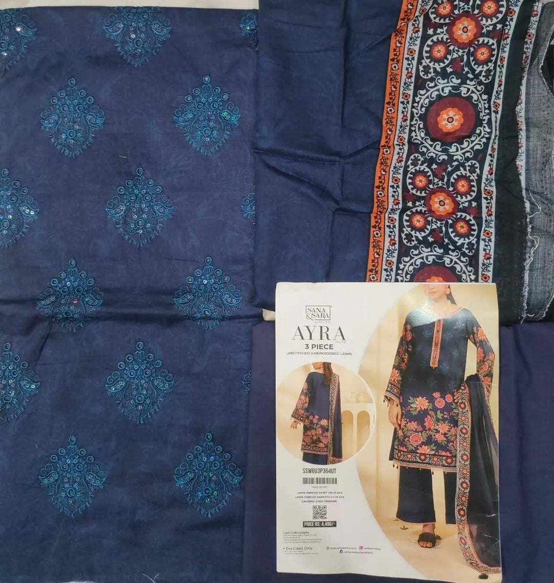 3-Piece Blue Floral Embroidered Lawn Suit for Women