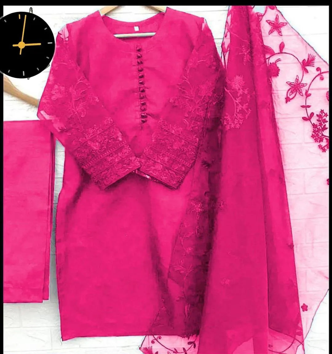Pink Organza Embroidered 3-Piece Suit for Women