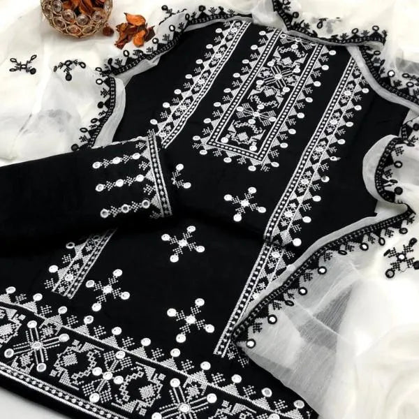 Black Embroidered 3 Pcs Women Suit Lawn Chiffon Eid