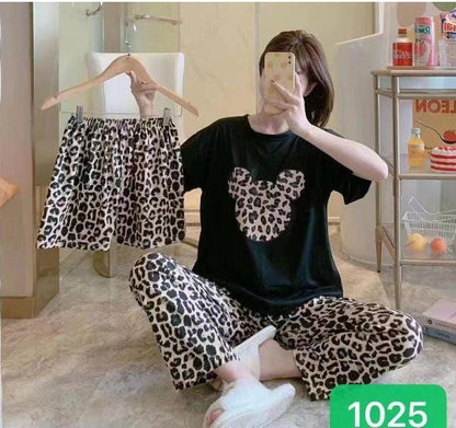 Women 3Pcs Printed Cotton Night Suit Medium to XL