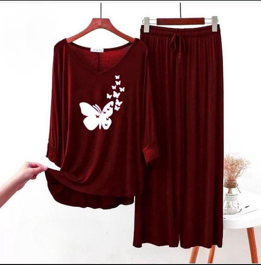 Women Printed Night Suit Burgundy 2 Pcs Cotton Jersey Medium to XL