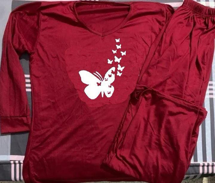 Women Printed Night Suit Burgundy 2 Pcs Cotton Jersey Medium to XL
