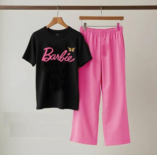 Women Printed Night Suit Black Cotton Jersey 2 Pcs