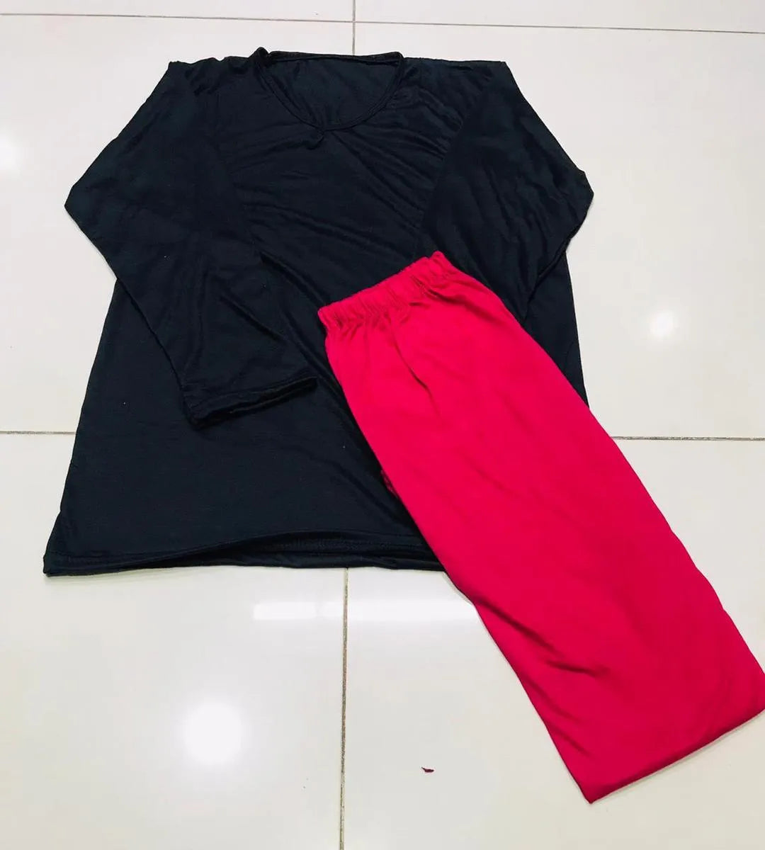 Women Cotton Jersey Night Suit Black Pink 2 Pcs