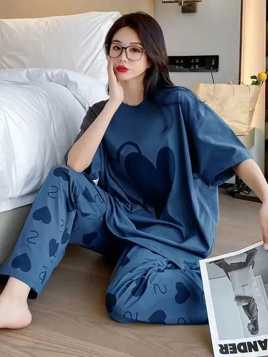 Women Printed Cotton Jersey Night Suit Blue Round Neck 2Pcs