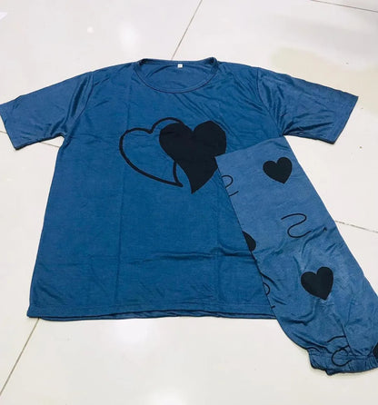 Women Printed Cotton Jersey Night Suit Blue Round Neck 2Pcs