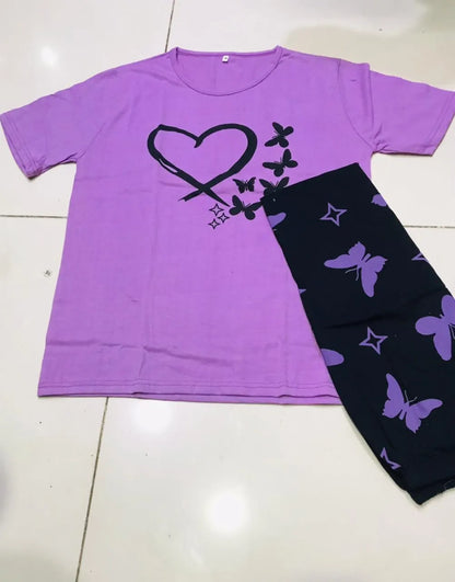 Women Printed Cotton Night Suit Purple Set