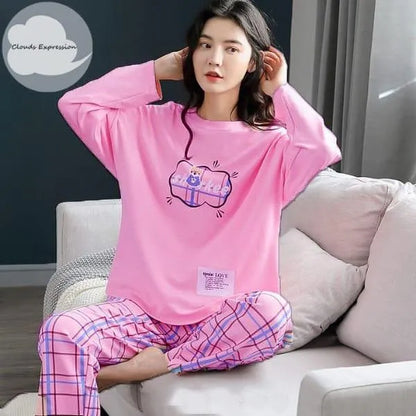 Women Printed Cotton Jersey Night Suit Pink Round Neck 2Pcs