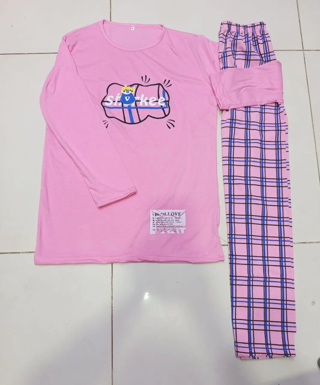 Women Printed Cotton Jersey Night Suit Pink Round Neck 2Pcs