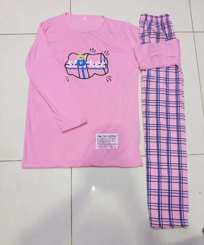 Women Printed Cotton Jersey Night Suit Pink Round Neck 2Pcs