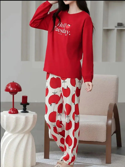Women Printed Cotton Jersey Night Suit Red