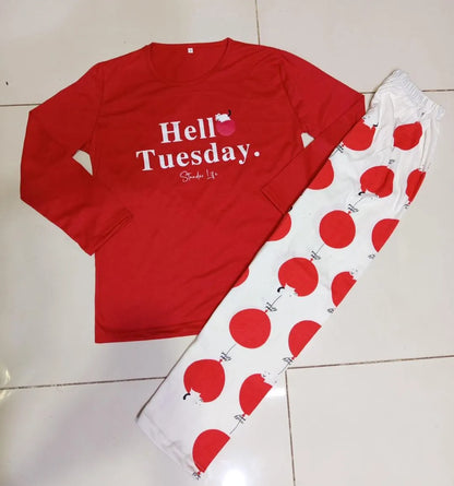 Women Printed Cotton Jersey Night Suit Red