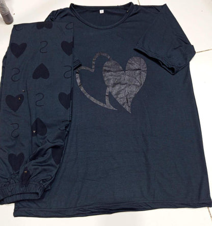 Grey Heart Print Cotton Night Suit 2Pc Medium to XL