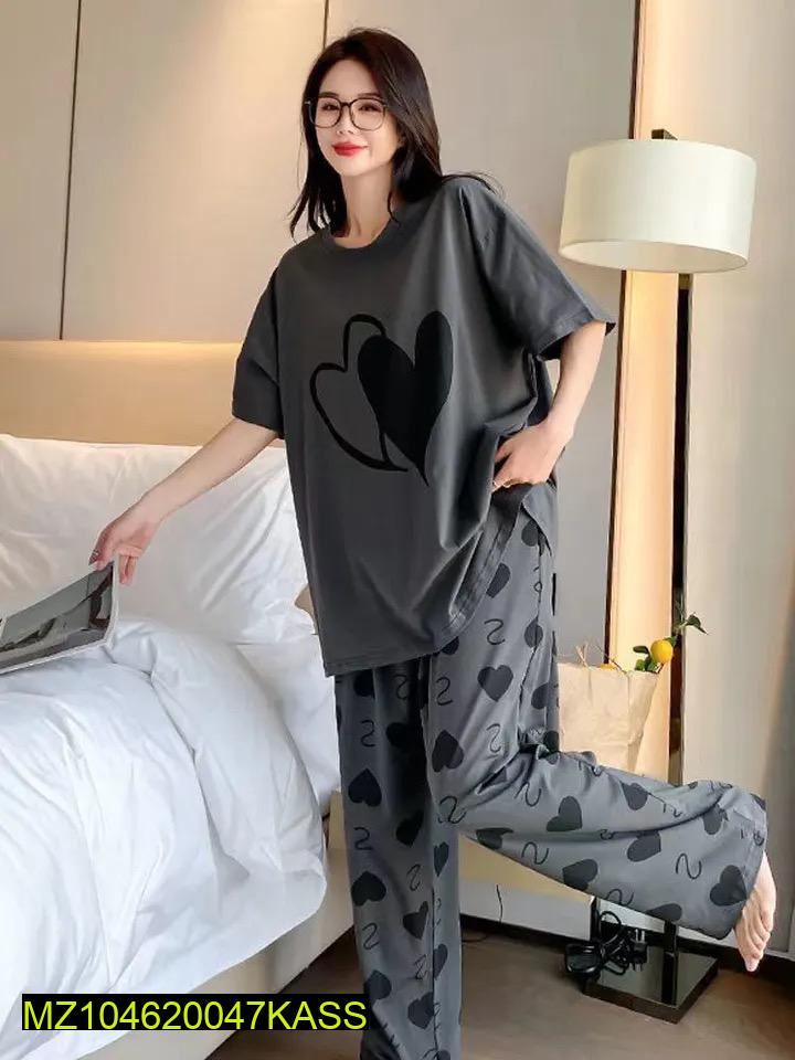 Grey Heart Print Cotton Night Suit 2Pc Medium to XL