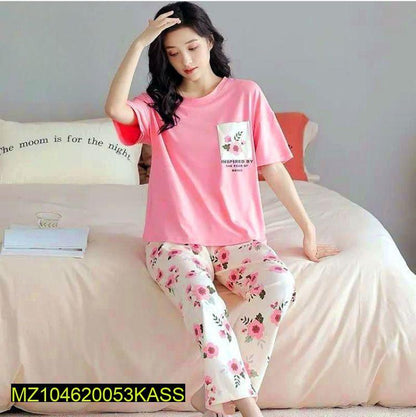 Pink Floral Cotton Night Suit Medium to XL