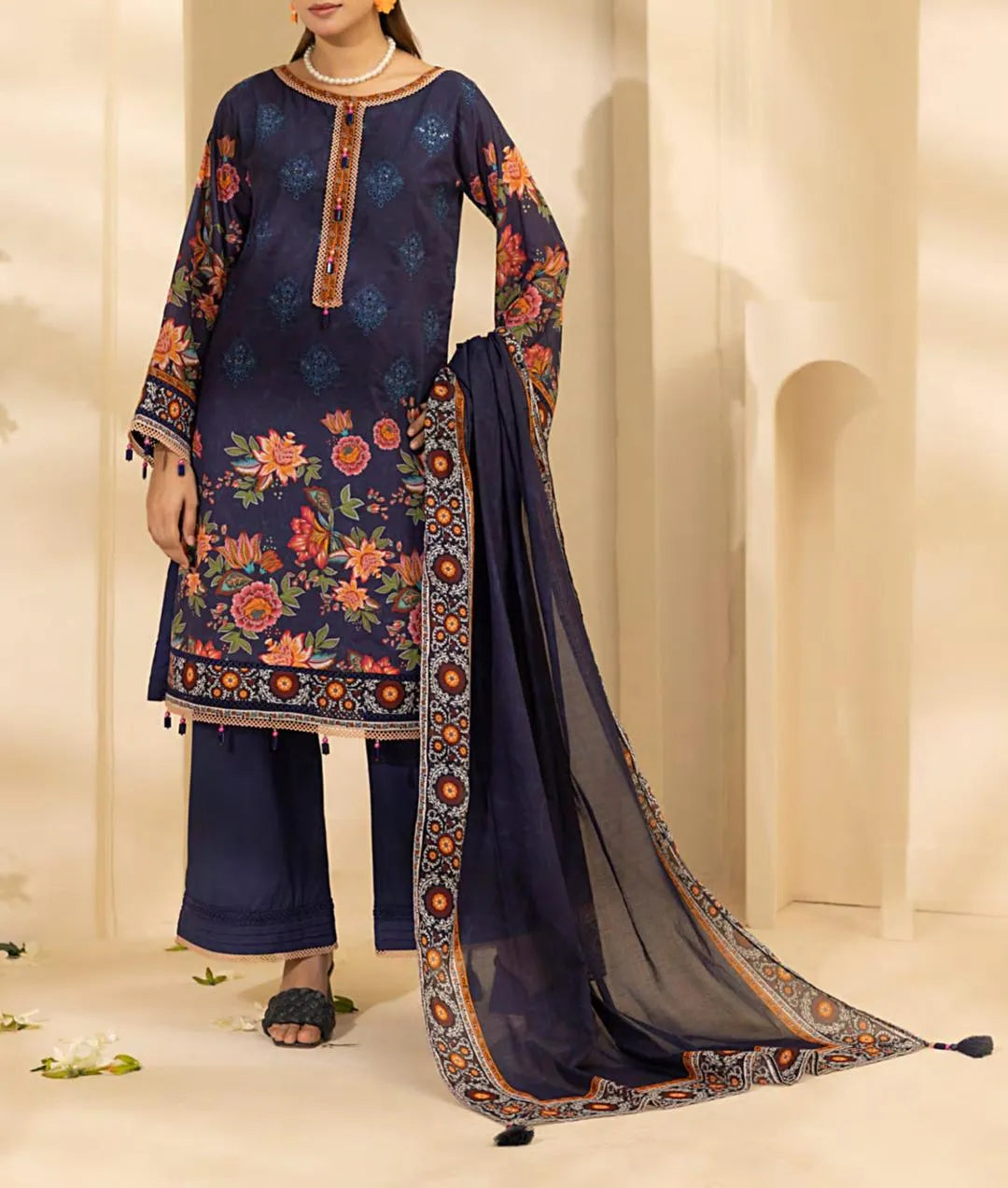 3-Piece Blue Floral Embroidered Lawn Suit for Women