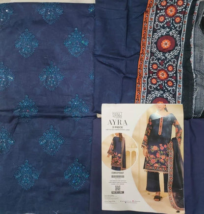 3-Piece Blue Floral Embroidered Lawn Suit for Women