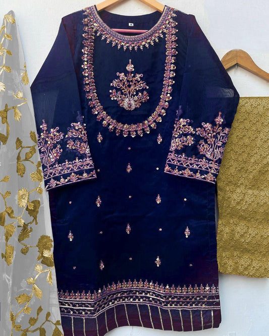 Blue Organza Embroidered Girl's Kurta Set 3Pcs Party Wear