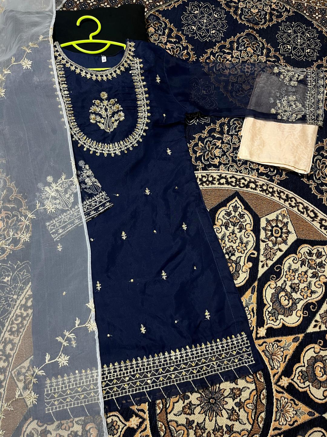 Blue Organza Embroidered Girl's Kurta Set 3Pcs Party Wear