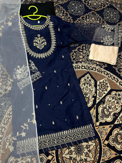 Blue Organza Embroidered Girl's Kurta Set 3Pcs Party Wear