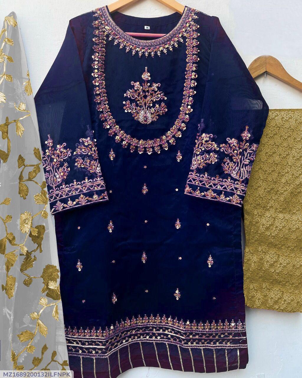Blue Organza Embroidered Girl's Kurta Set 3Pcs Party Wear