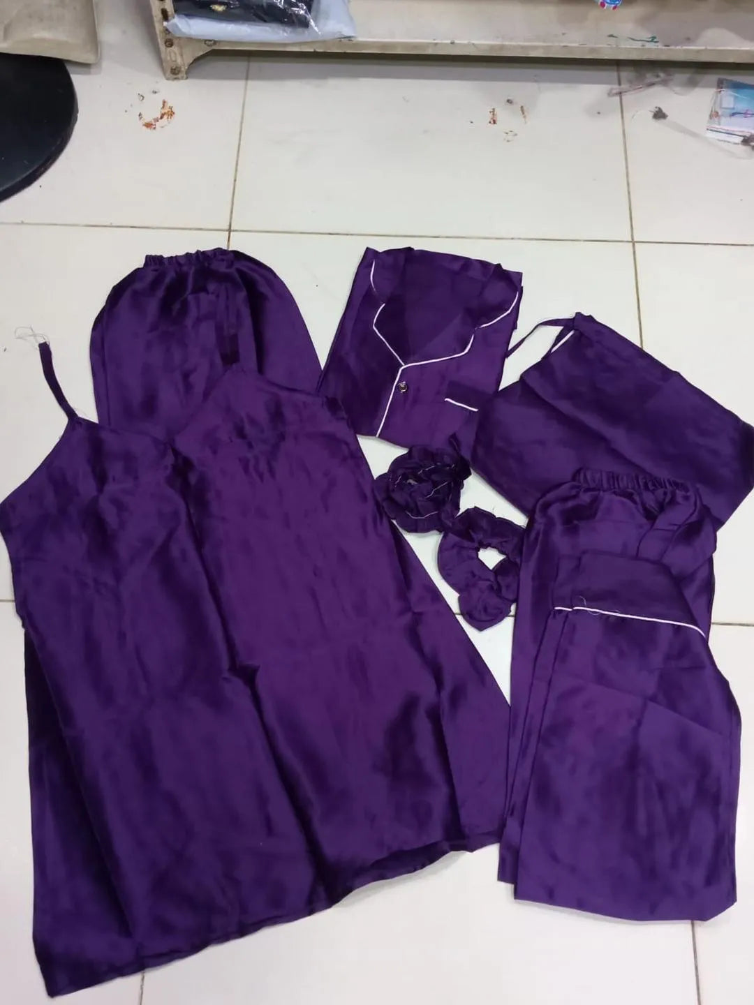 5 Pcs Women's Stitched Silk Plain Night Suit