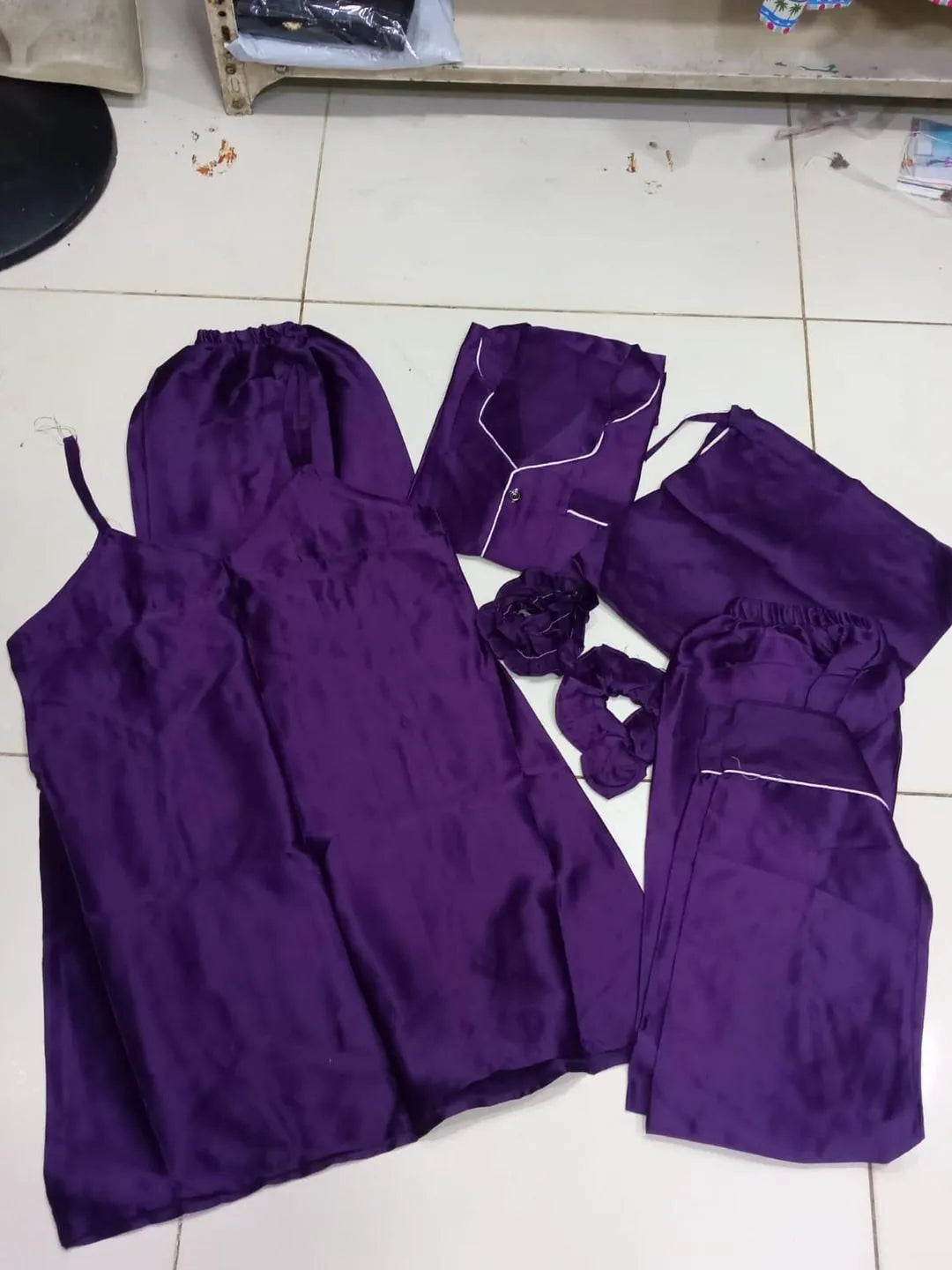 5 Pcs Women's Stitched Silk Plain Night Suit