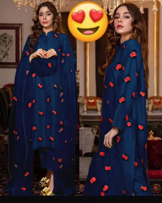Blue Shamoz Silk Embroidered 3-Piece Suit for Women