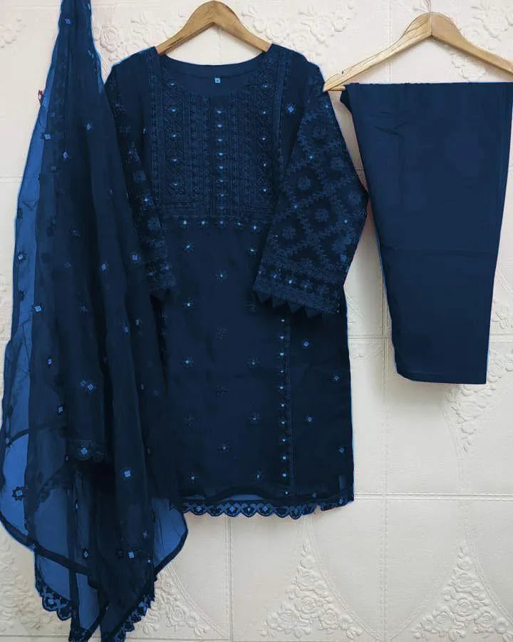 Blue Embroidered Chiffon Girl's 3Pc Kurta Shalwar Set