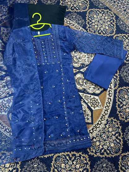 Blue Embroidered Chiffon Girl's 3Pc Kurta Shalwar Set