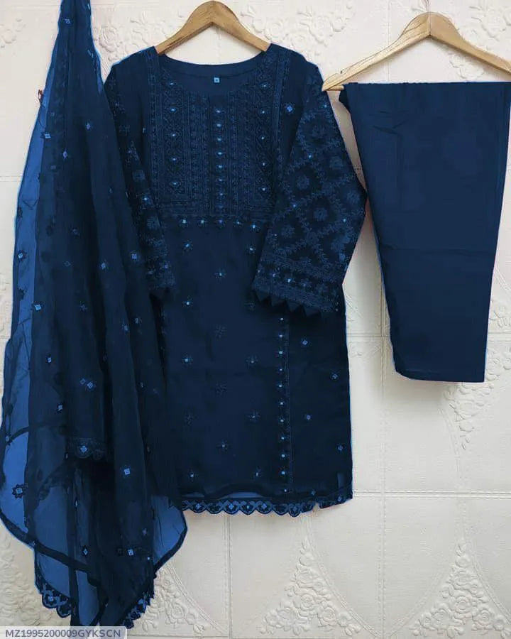 Blue Embroidered Chiffon Girl's 3Pc Kurta Shalwar Set