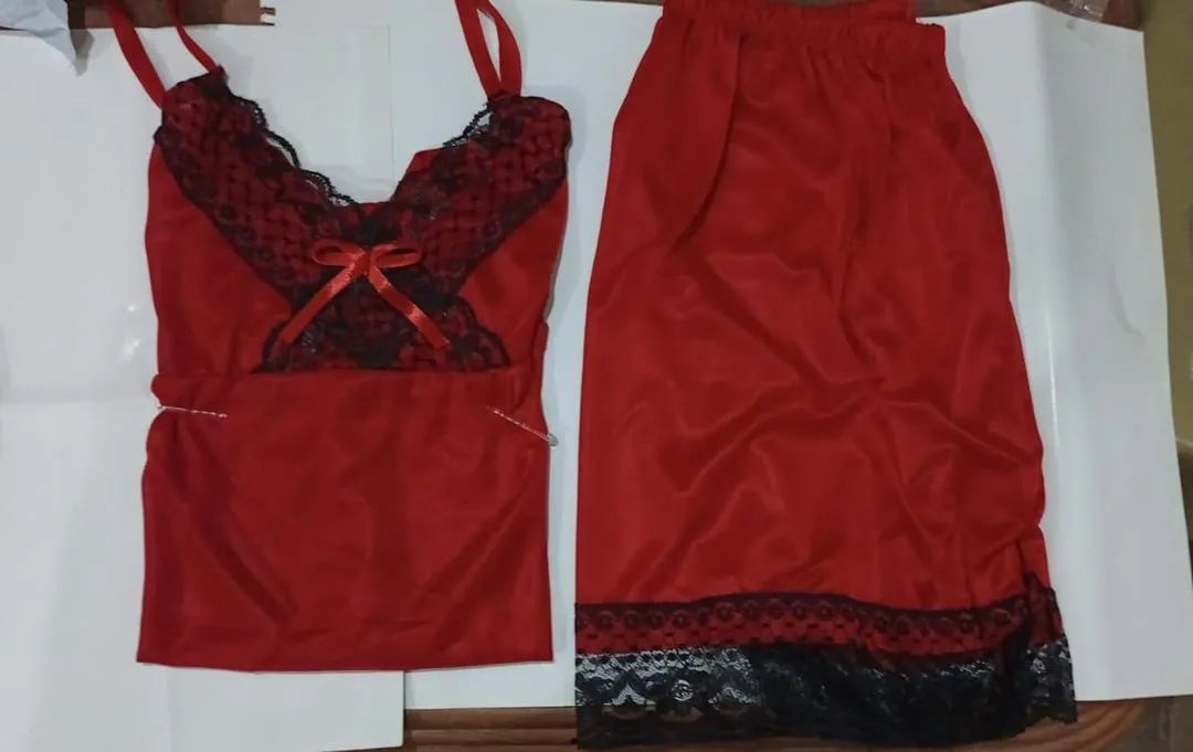 2 Pcs Women's Stitched Silk Lace-Work Night Suit / Nighty For women