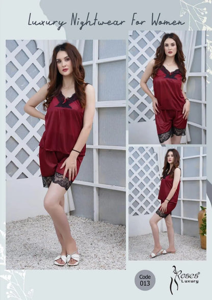 2 Pcs Women's Stitched Silk Lace-Work Night Suit / Nighty For women