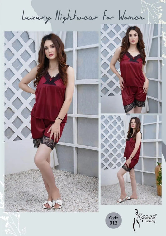 2 Pcs Women's Stitched Silk Lace-Work Night Suit / Nighty For women
