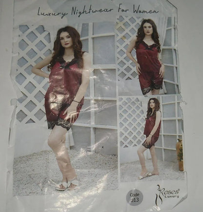 2 Pcs Women's Stitched Silk Lace-Work Night Suit / Nighty For women
