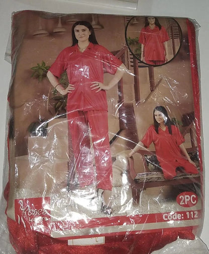 2 Pcs Women's Stitched Silk Plain Night Suit / Nightwear