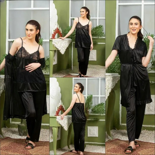 3 Pcs Women's Stitched Silk Lace-Work Night Suit / 3 Pcs Nighty (Gown , inner , Trouser)