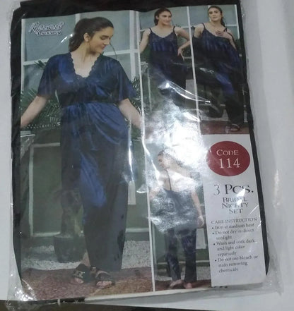 3 Pcs Women's Stitched Silk Lace-Work Night Suit / 3 Pcs Nighty (Gown , inner , Trouser)