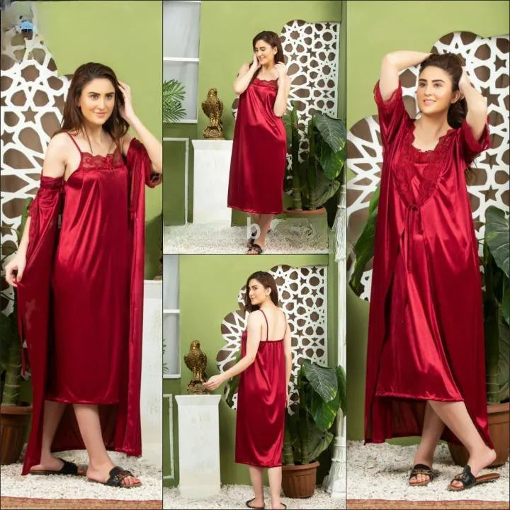 2 Pcs Women's Stitched Silk Lace-Work Night Suit / 2 Pcs Nighty (Gown , Inner)