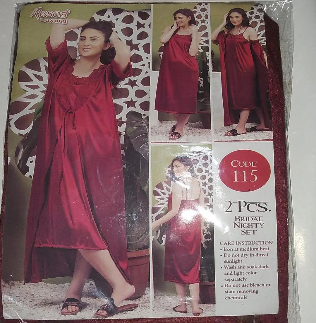 2 Pcs Women's Stitched Silk Lace-Work Night Suit / 2 Pcs Nighty (Gown , Inner)