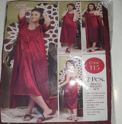 2 Pcs Women's Stitched Silk Lace-Work Night Suit / 2 Pcs Nighty (Gown , Inner)