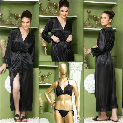 3 Pcs Women's Stitched Silk Lace-Work Night Suit /3 Pcs Nighty (Long Gown with Bra & Panty)