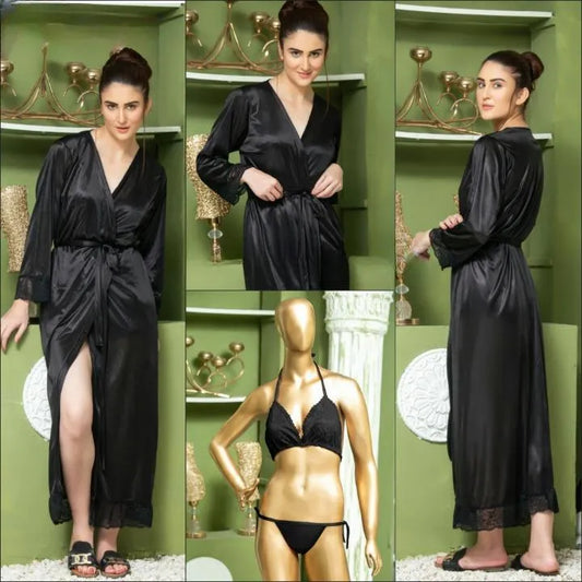3 Pcs Women's Stitched Silk Lace-Work Night Suit /3 Pcs Nighty (Long Gown with Bra & Panty)