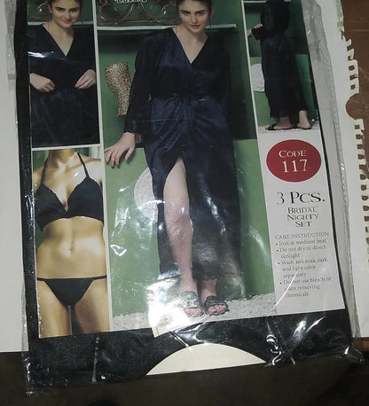 3 Pcs Women's Stitched Silk Lace-Work Night Suit /3 Pcs Nighty (Long Gown with Bra & Panty)