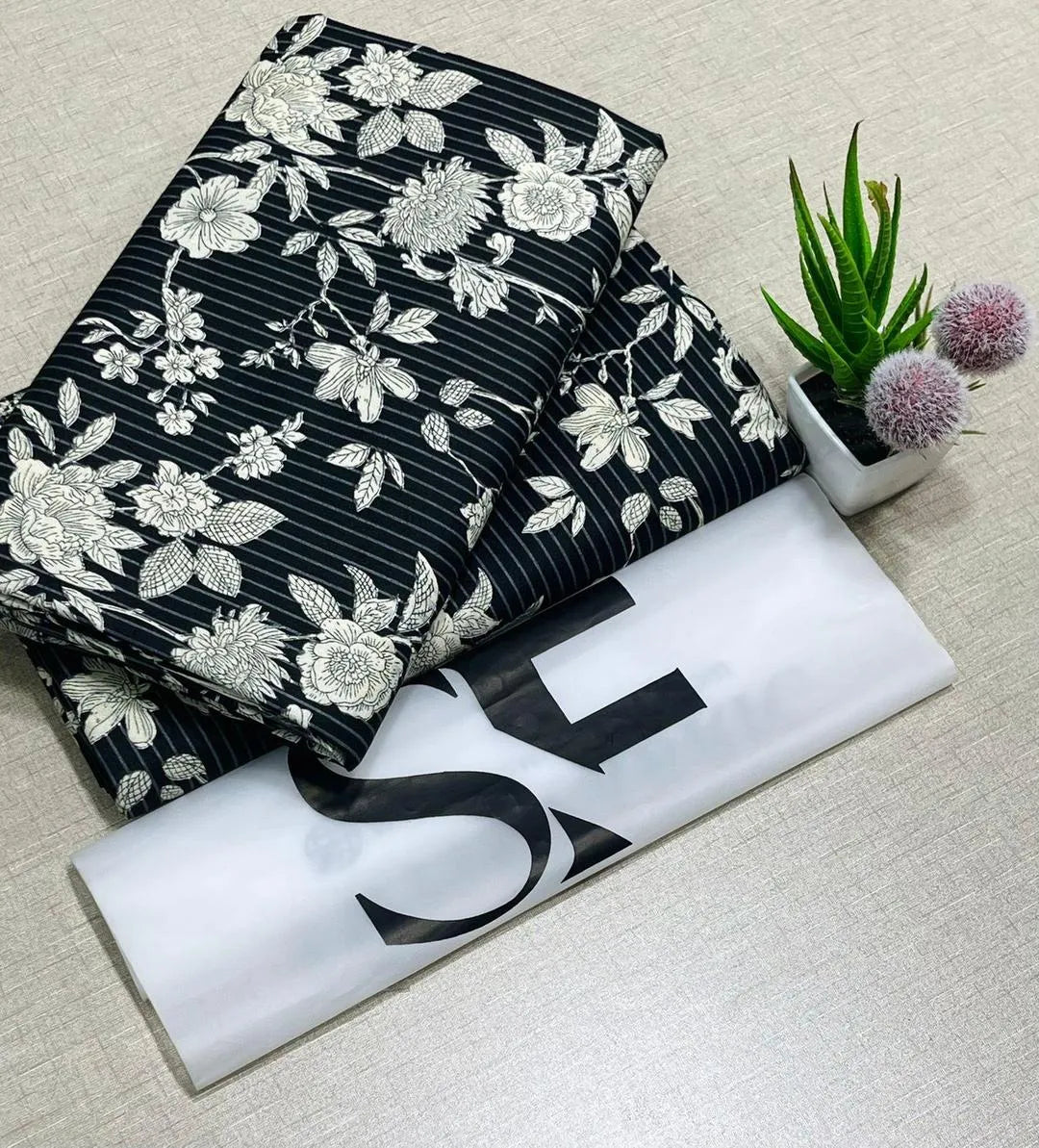 Black Floral Striped Fabric 92 Inches Wide