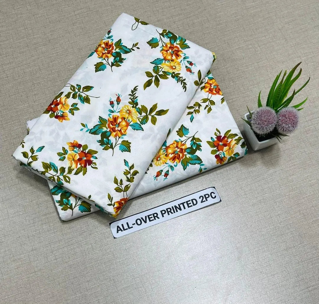 All-over Printed 2PC Cotton Shirt Set White Floral