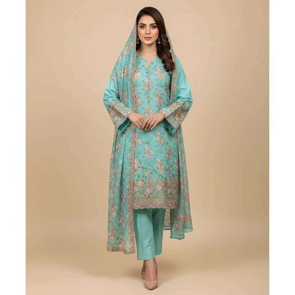 Embroidered Lawn 2-Piece Suit Turquoise Eid Wedding