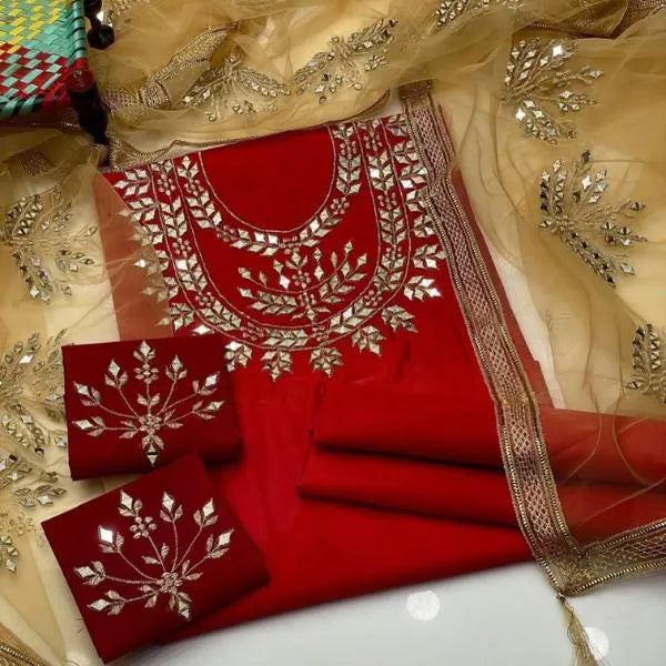 Red Embroidered 3 Pcs Women's Katan Silk Suit for Weddings