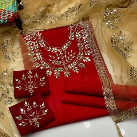 Red Embroidered 3 Pcs Women's Katan Silk Suit for Weddings